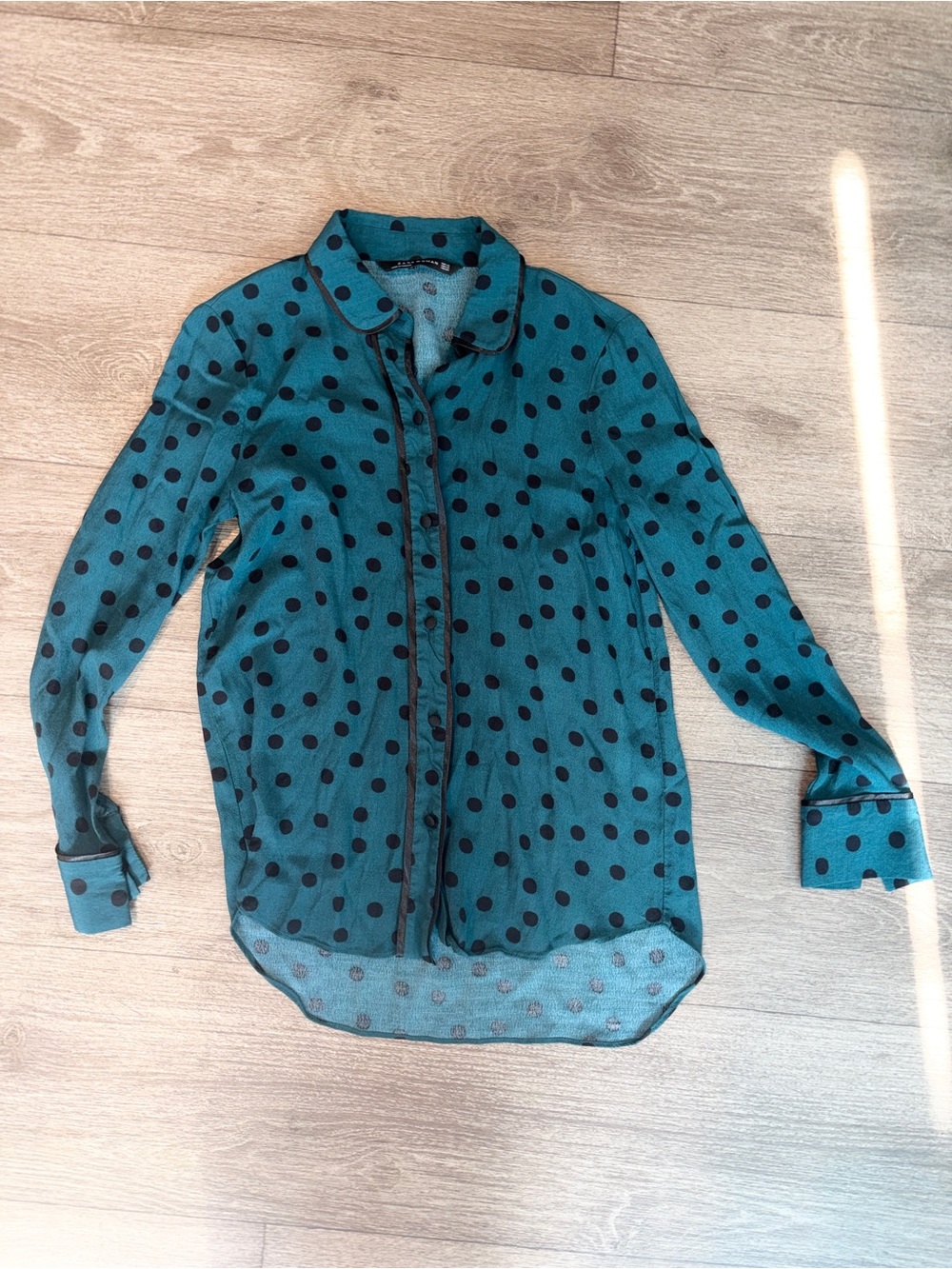 ZARA Woman Teal Shirt with Black Polka Dots